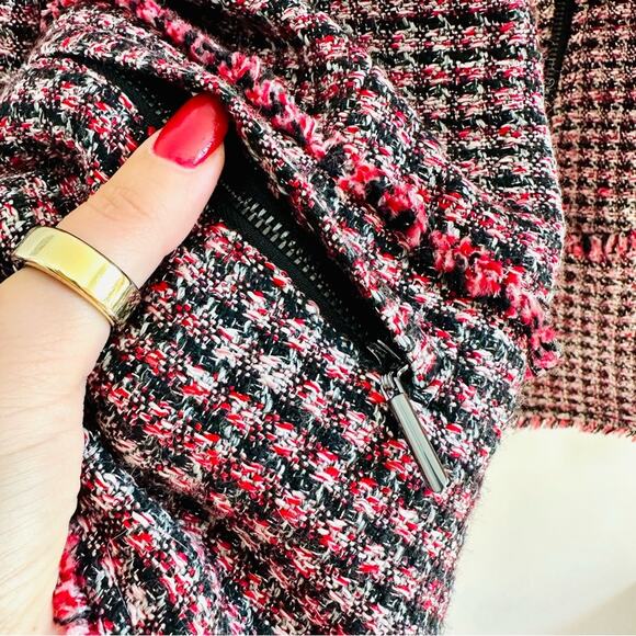 WHBM Pink Black Red Tweed Woven Peplum Ruffle Fringe Moto Zip Blazer Jacket 4 - Picture 3 of 15